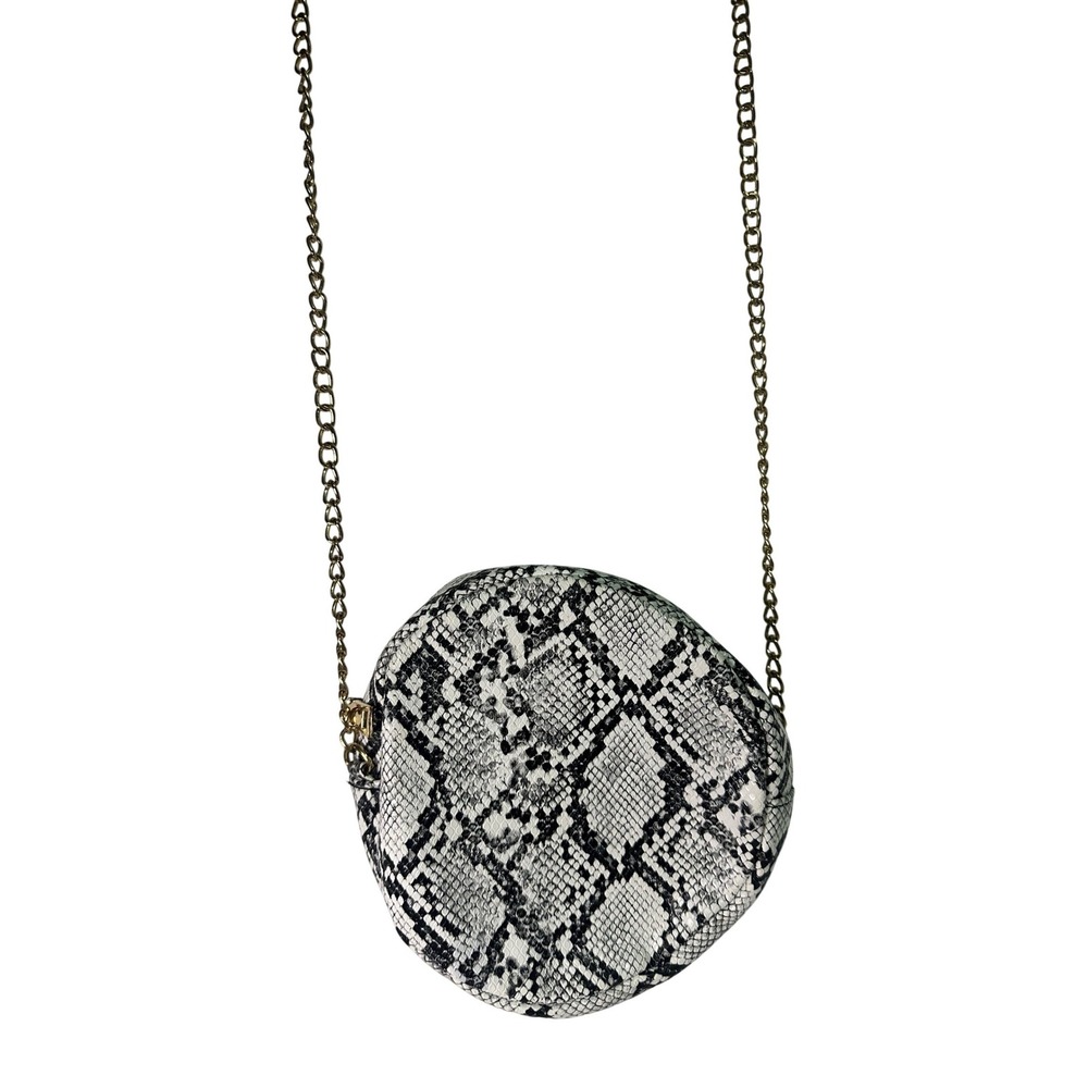 Grey Snakeskin Print Round Crossbody Bag Gold Chain Strap‎ Circle Purse Small